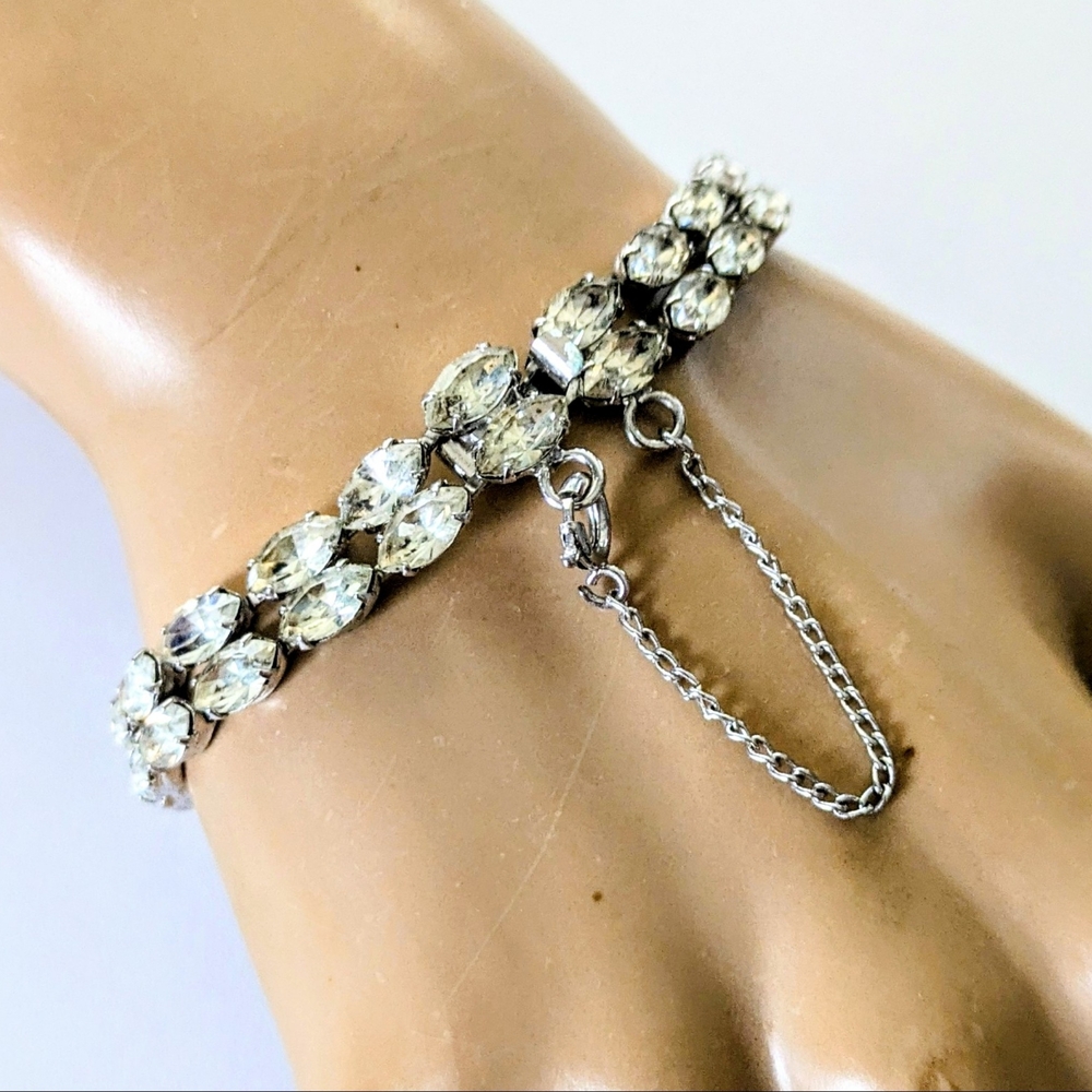 Gorgeous Vintage Silver Plated Navette Paste Double Row Bracelet 6.5"